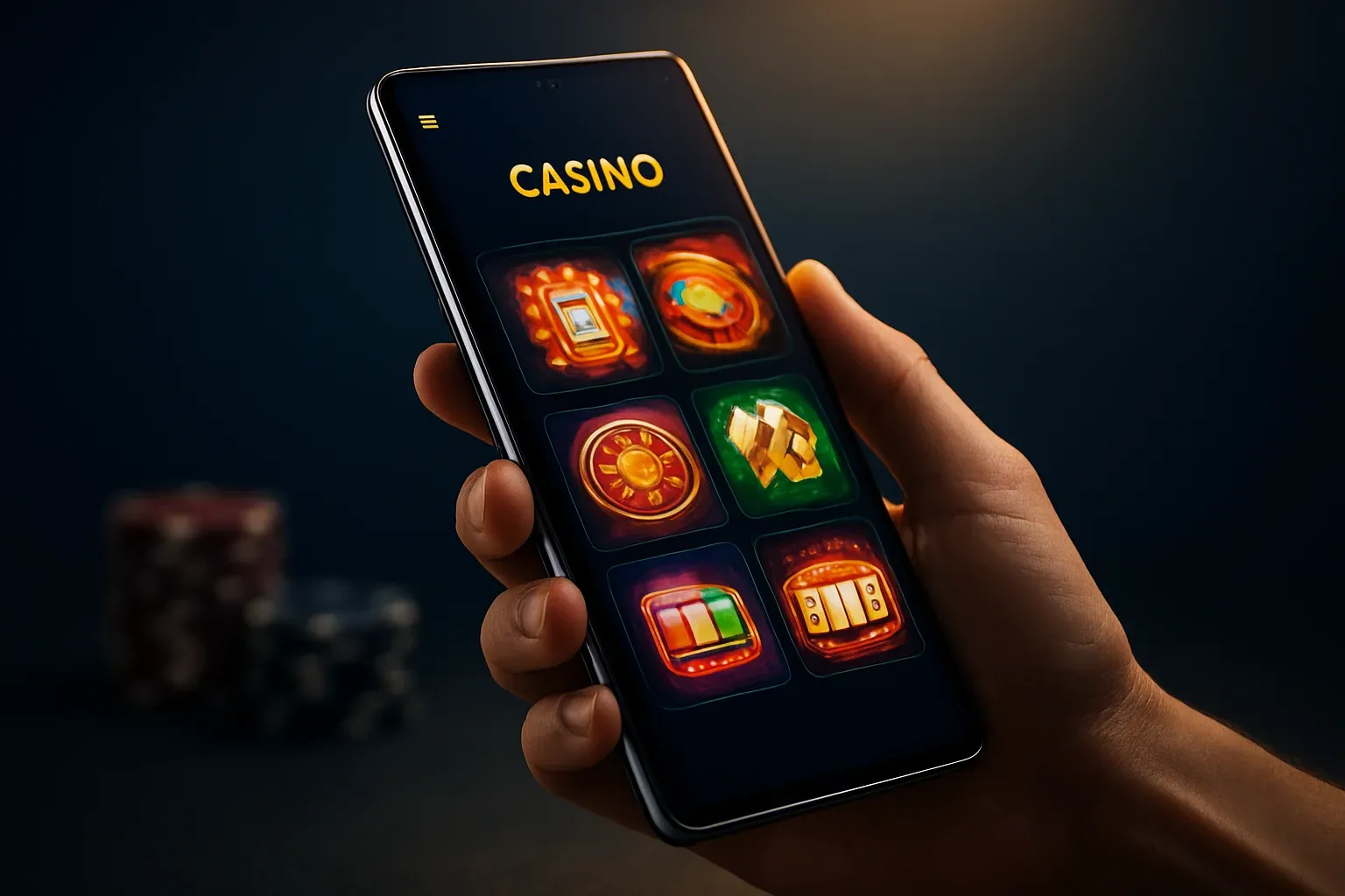 Flagship Android smartphone displaying vivid casino app interface in studio lighting