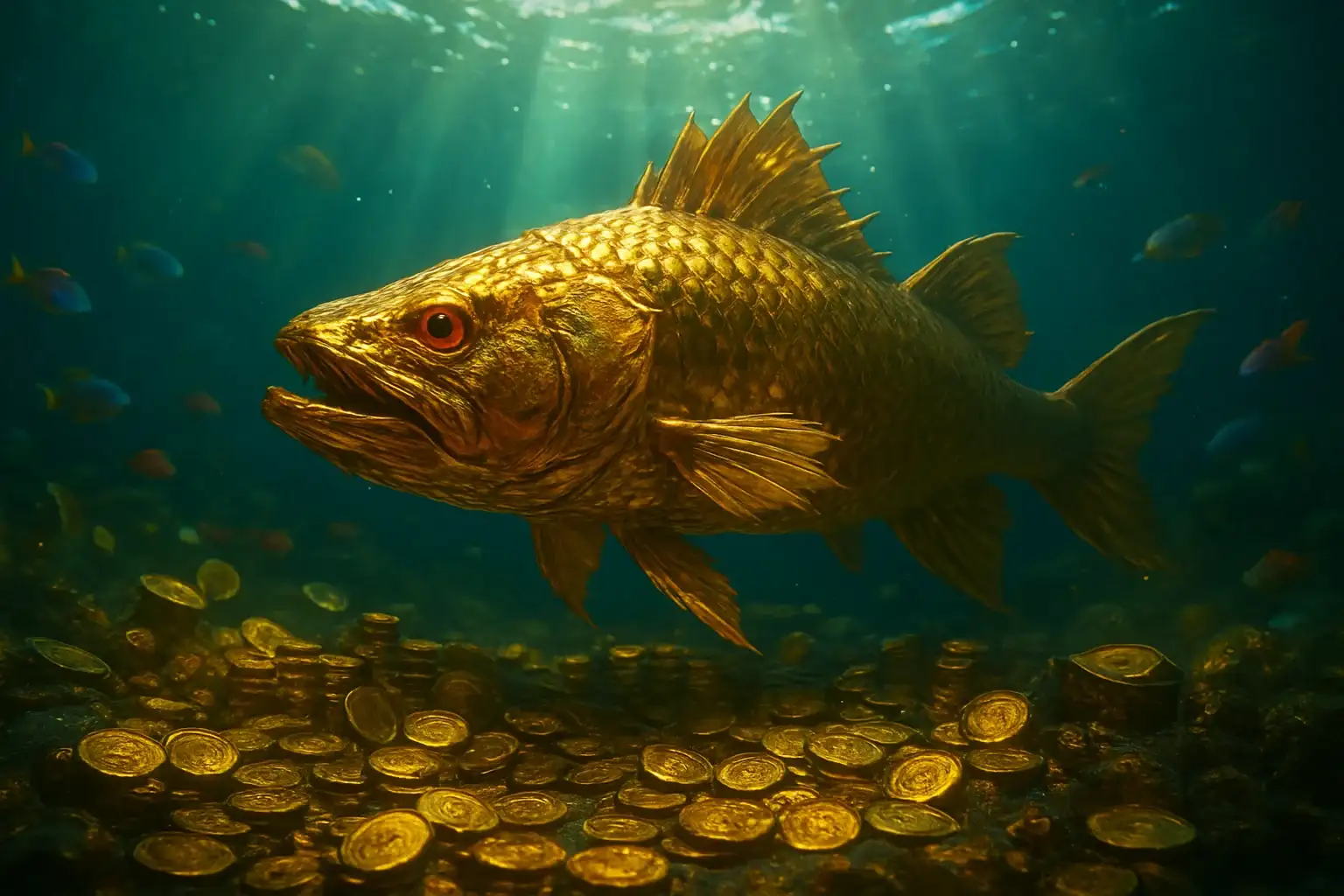 Massive golden dragon fish underwater with glowing coins and treasure