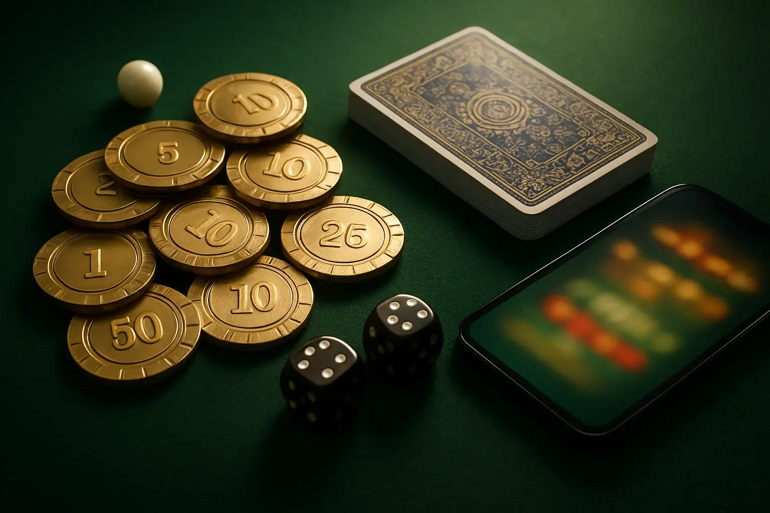 Top-down premium casino table with chips, cards, dice, roulette ball, smartphone