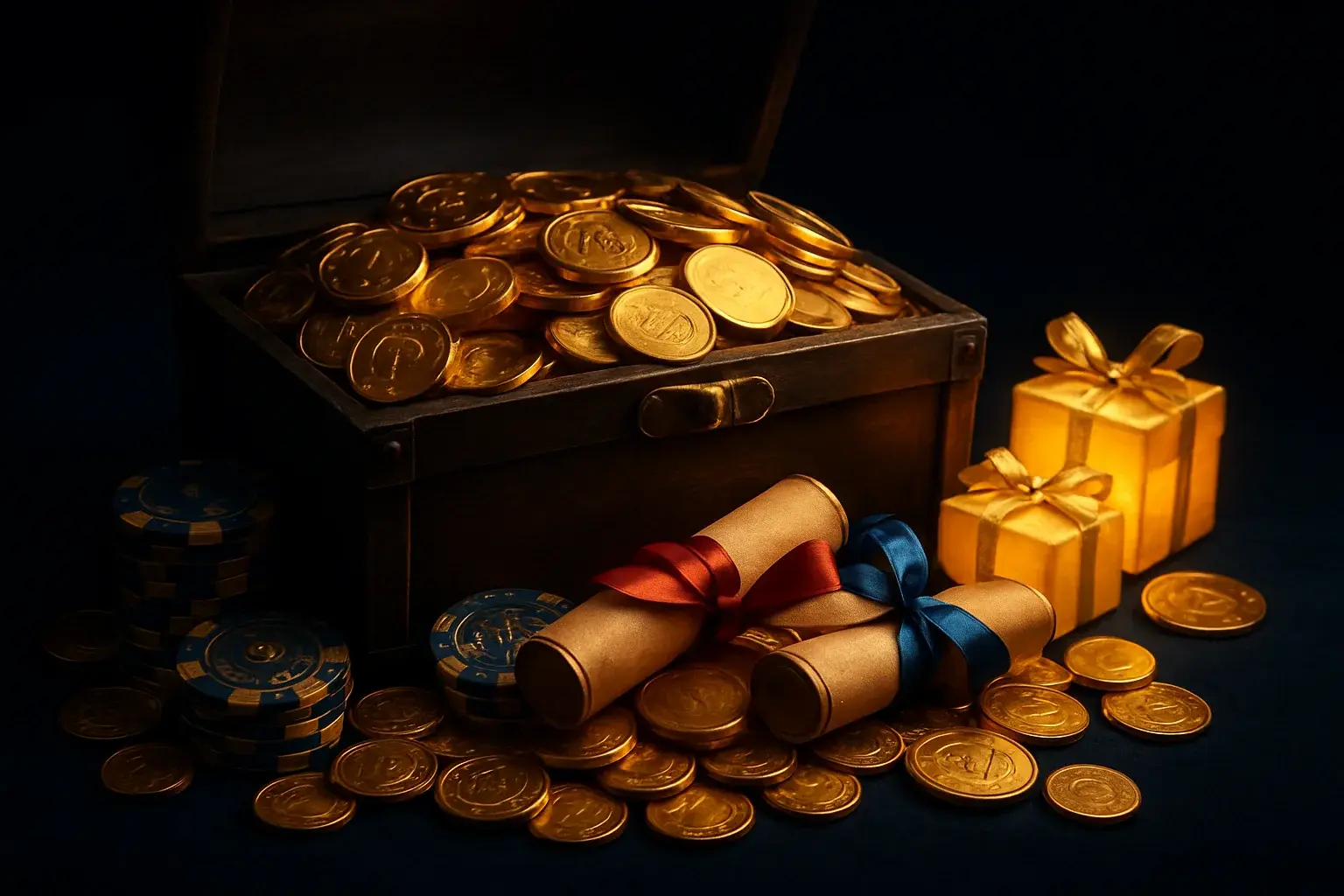 Overflowing treasure chest with gold coins, casino chips, vouchers, and gifts