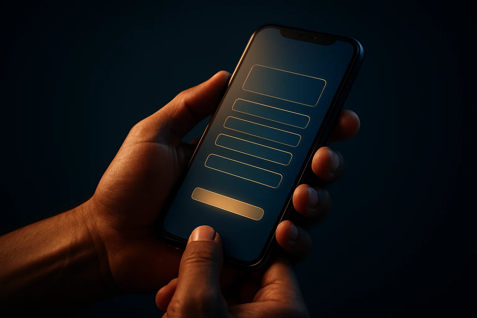 Filipino man's hands holding smartphone with glowing registration interface