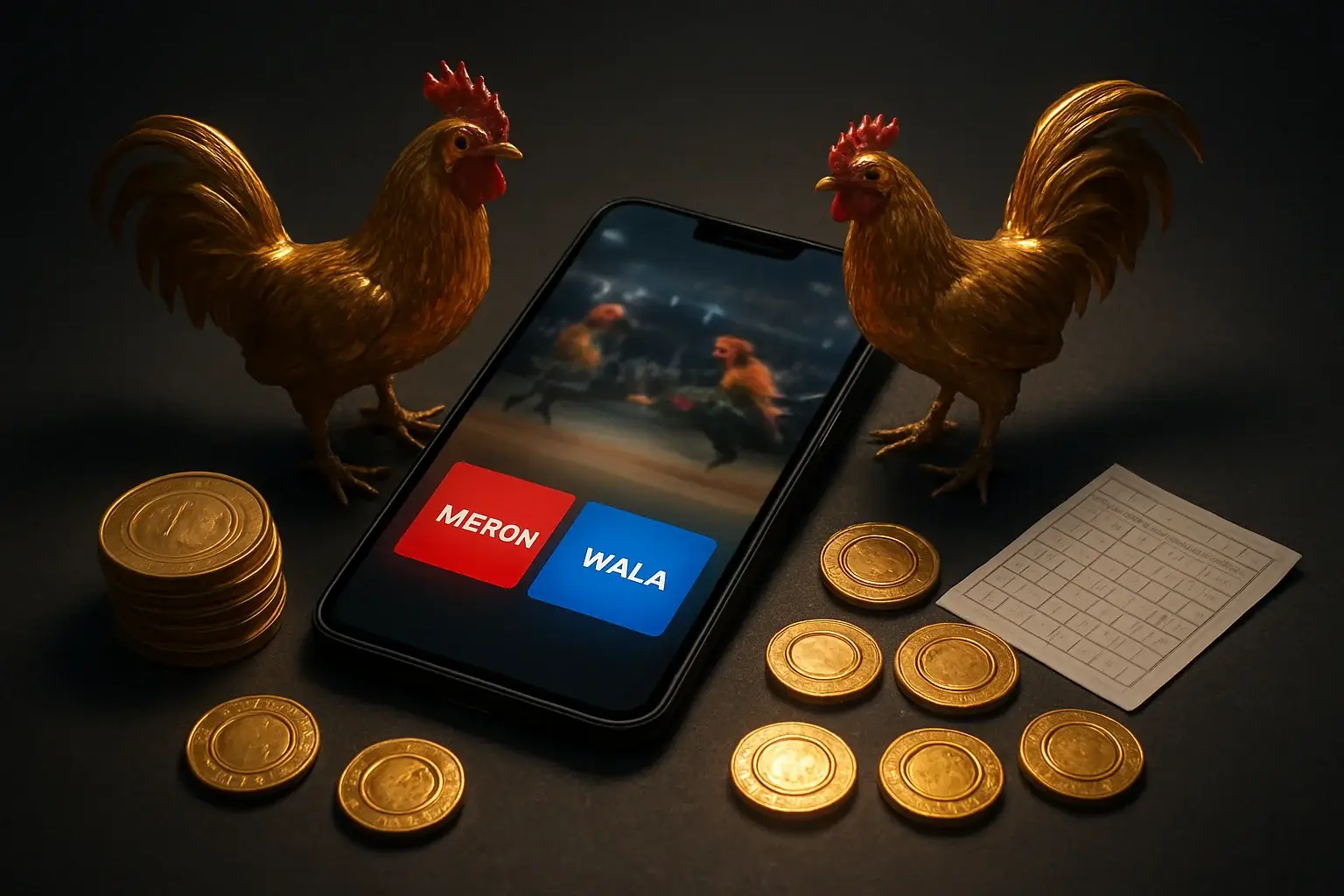 Smartphone with sabong betting interface, golden roosters, coins, and chips