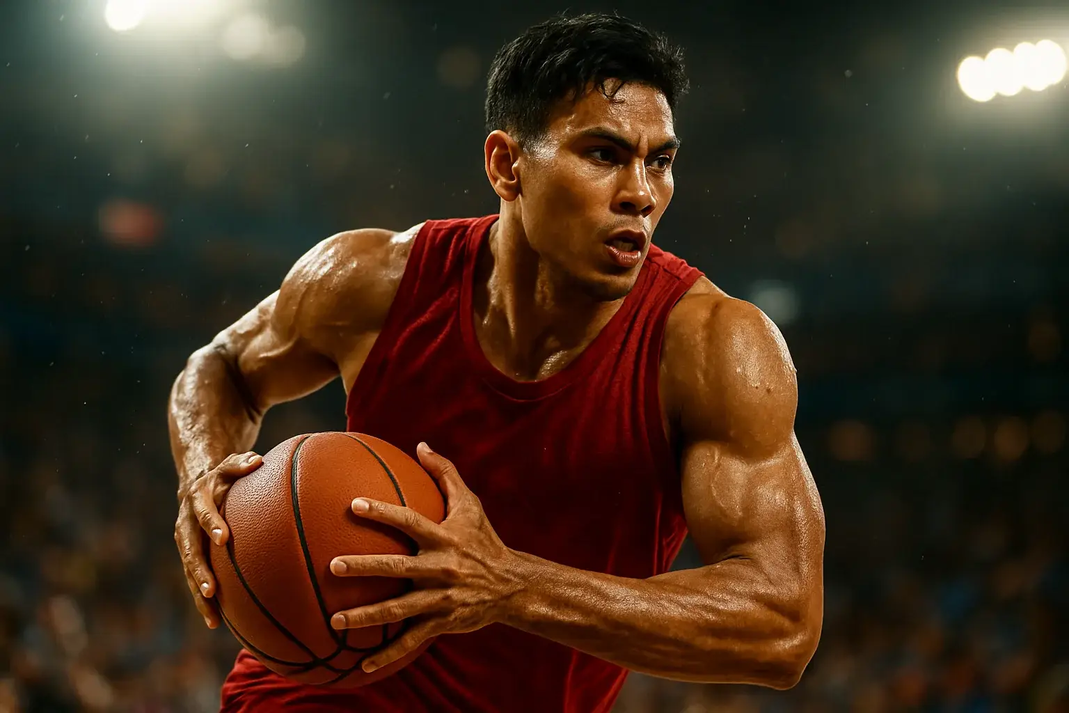Filipino PBA basketball player driving mid-air toward basket in arena